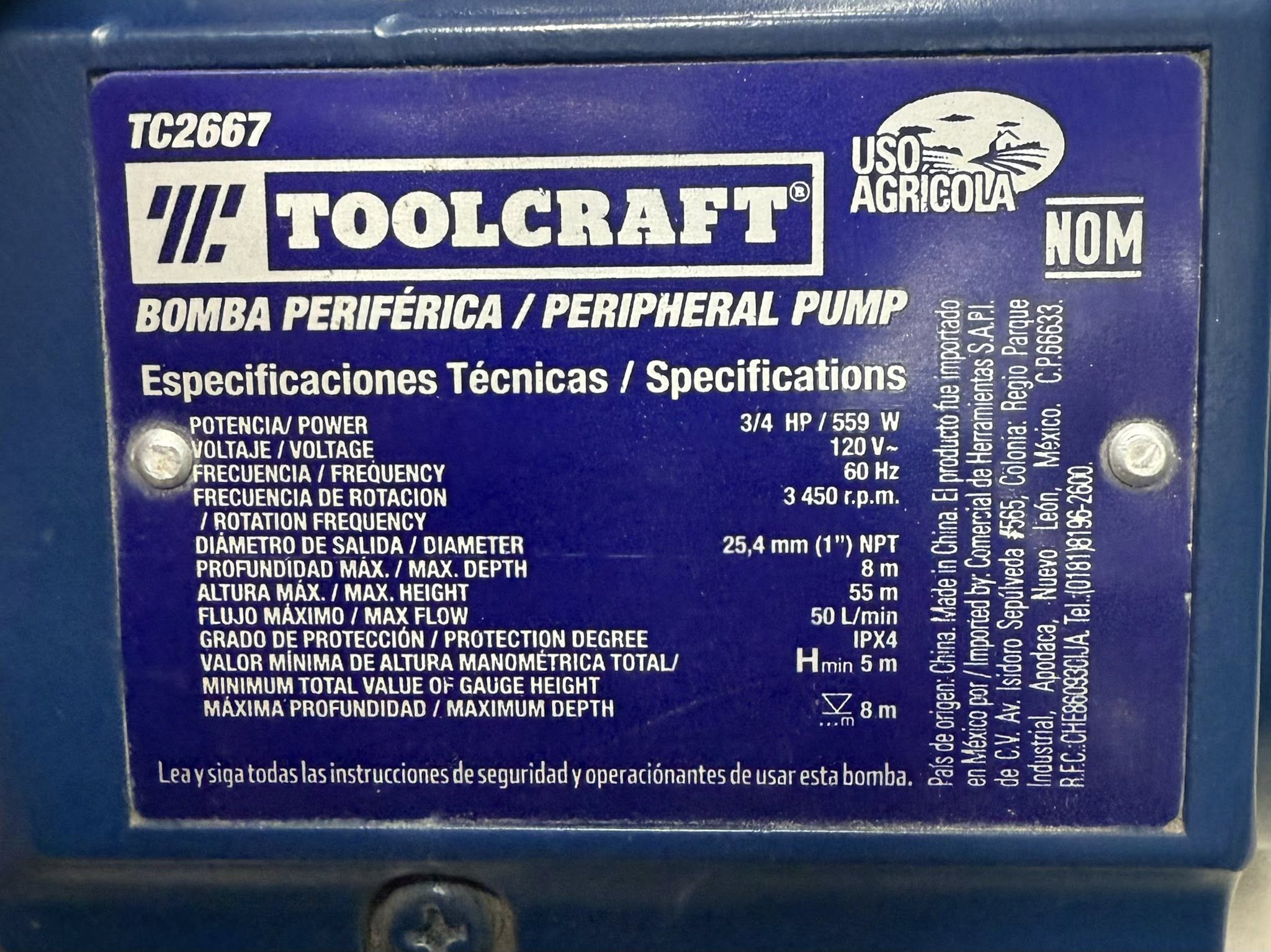 BOMBA PERIFERICA TOOLCRAFT 3/4HP TC2667_2163 - Imagen 5