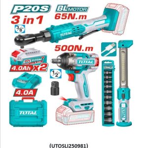 COMBO INALAMBRICO 20V PISTOLA DE IMPACTO 1/2" 500 NM + RATCHET 65 NM + LAMPARA 300 LUMENES TOTAL 16532