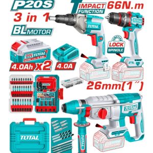 COMBO TOTAL INALA 20V TALADRO PERCUTOR 1/2 66N+ATORNI. DRIWALL 1/4+ ROTOMARTILLO SDS PLUS 2.5 JULES+2 BAT 4AH + 1 CARG + ACCESORIOS UTOSLI250591_16099