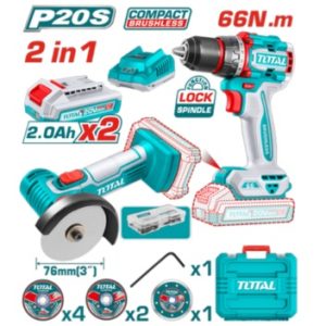 COMBO TOTAL INALAMBRICO 20V TALADRO PERCUTOR 1/2 66NM + MINI PULIDORA 3" CON 2 BATERIAS 2AH + CARGADOR + 7 DISCOS + 47 ACCESORIOS UTCKLI20766_15977