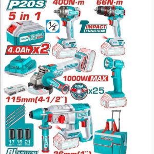 COMBO TOTAL INALAMBRICO TALADRO PERCUTOR ATORNILLADOR 1/2 66 NM + PISTOLA IMPACTO 1/2 20V 400 NM + ROTOMARTILLO 1" 2.5J + PULIDORA + LAMPARA UTCKLI20592_16706