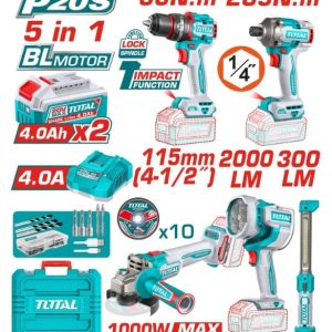 COMBO TOTAL INALAMBRICO 20V TALADRO PERCUTOR 1/2 66 NM+PISTOLA IMPACTO 1/4 285 NM+PULIDORA 4 1/2 1000W+2 LAMPARAS DE TRABAJO 2000 LM UTOSLI250692_16087