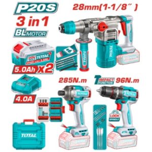 COMBO TOTAL INALAMBRICO 20V TALADRO PERCUTOR 1/2" 96 NM+PISTOLA DE IMPACTO 1/4" 285 NM+TALADRO ROTOMARTILLO SDS PLUS 4.5 JULES+2 BAT UTOSLI250693_16088