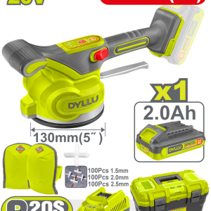 VIBRADOR DE BALDOSA INALAMBRICA 20V CON VENTOSA CAP 50KG INCLUYE 1 PAR DE RODILLERAS, SEPARADORES DE BALDOSA (1.5-2.0-2.5), 1 BATERIA 2.0AH , CARGADOR Y CAJA HERRAMIENTA INDUSTRIAL DYLLU (DTQX0120)